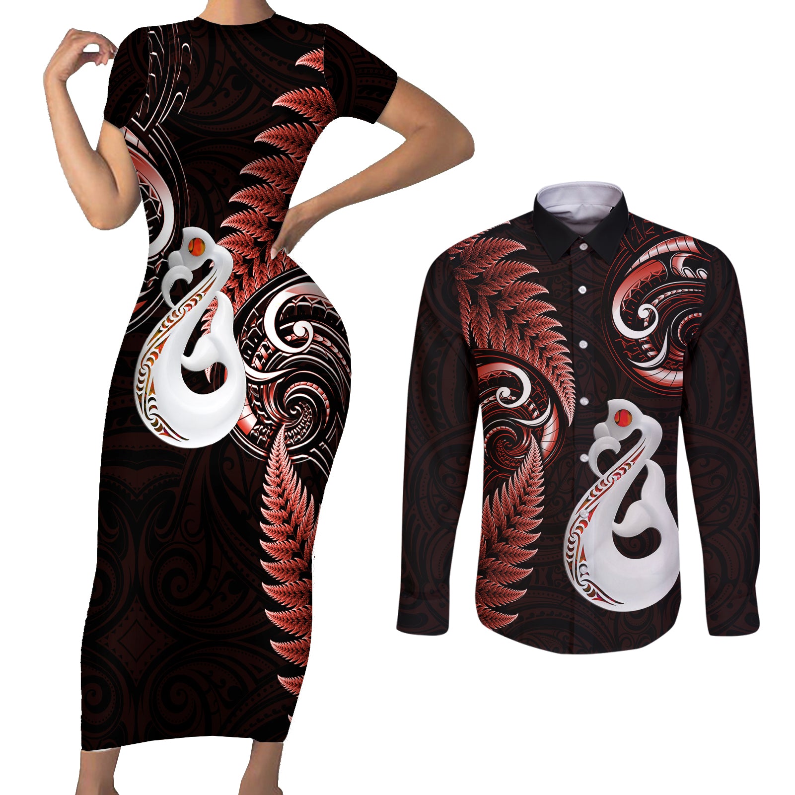 personalised-new-zealand-couples-short-sleeve-bodycon-dress-and-long-sleeve-button-shirts-aotearoa-silver-fern-with-manaia-maori-unique-red