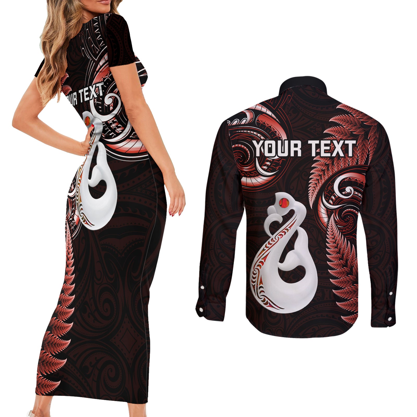 personalised-new-zealand-couples-short-sleeve-bodycon-dress-and-long-sleeve-button-shirts-aotearoa-silver-fern-with-manaia-maori-unique-red