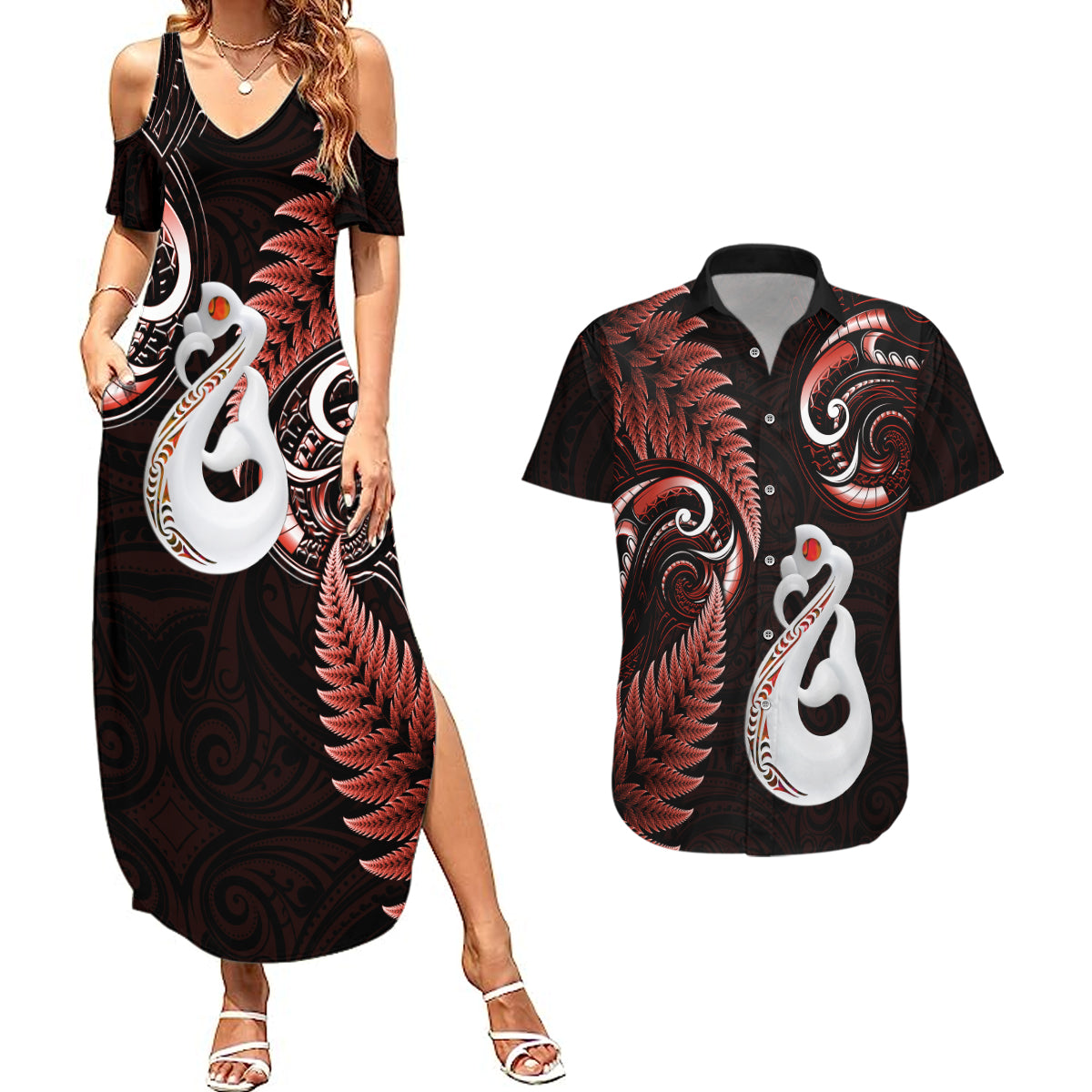 personalised-new-zealand-couples-summer-maxi-dress-and-hawaiian-shirt-aotearoa-silver-fern-with-manaia-maori-unique-red