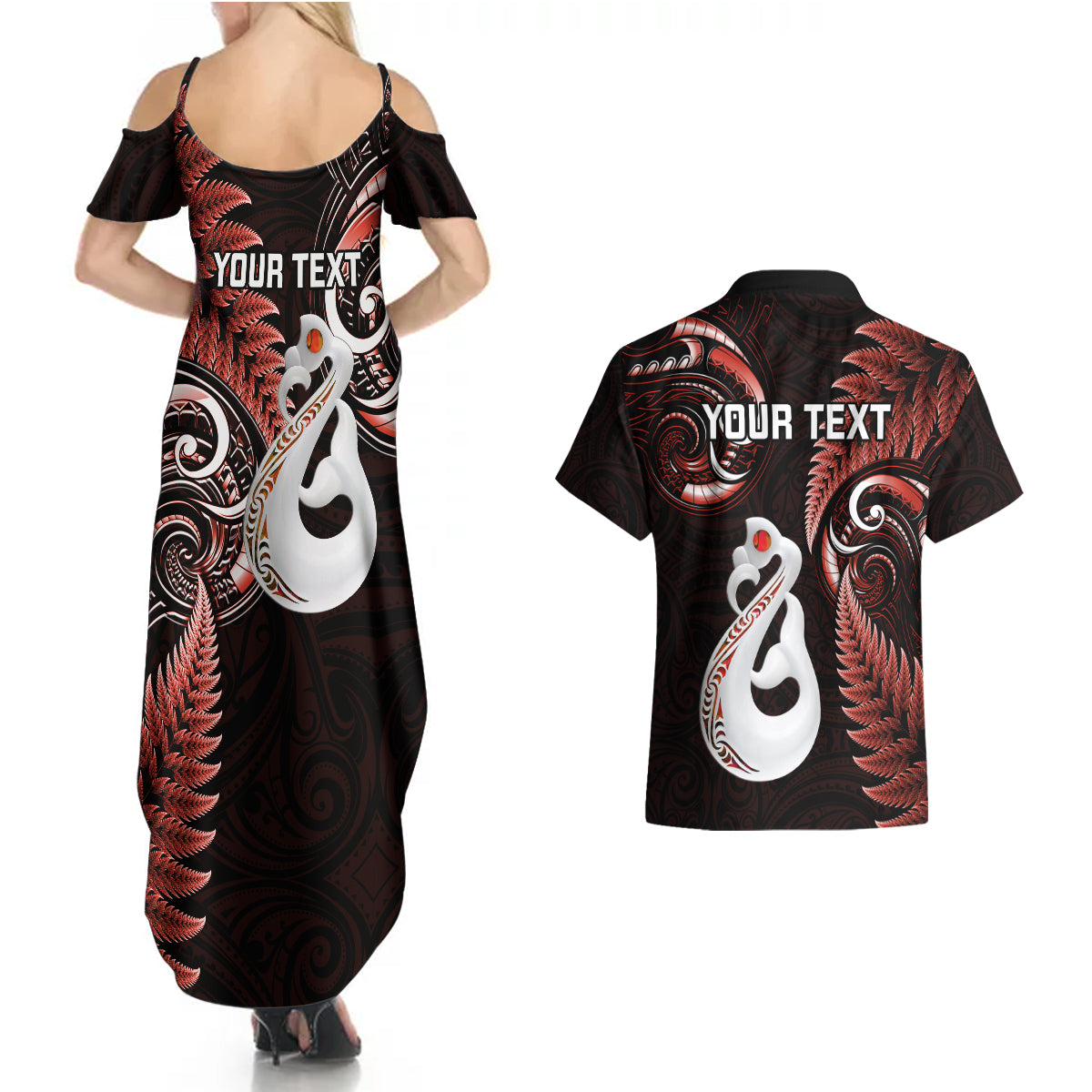 personalised-new-zealand-couples-summer-maxi-dress-and-hawaiian-shirt-aotearoa-silver-fern-with-manaia-maori-unique-red