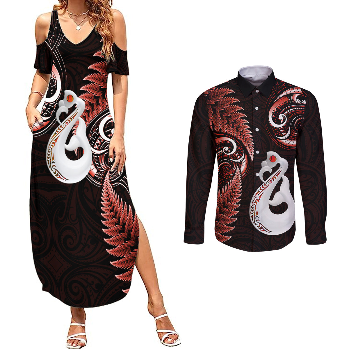 personalised-new-zealand-couples-summer-maxi-dress-and-long-sleeve-button-shirts-aotearoa-silver-fern-with-manaia-maori-unique-red