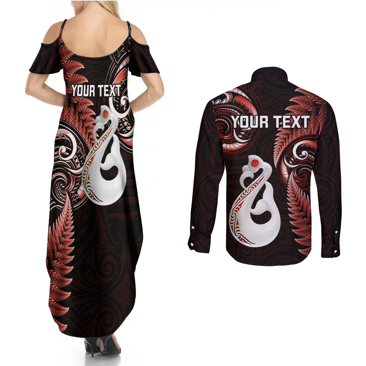 personalised-new-zealand-couples-summer-maxi-dress-and-long-sleeve-button-shirts-aotearoa-silver-fern-with-manaia-maori-unique-red