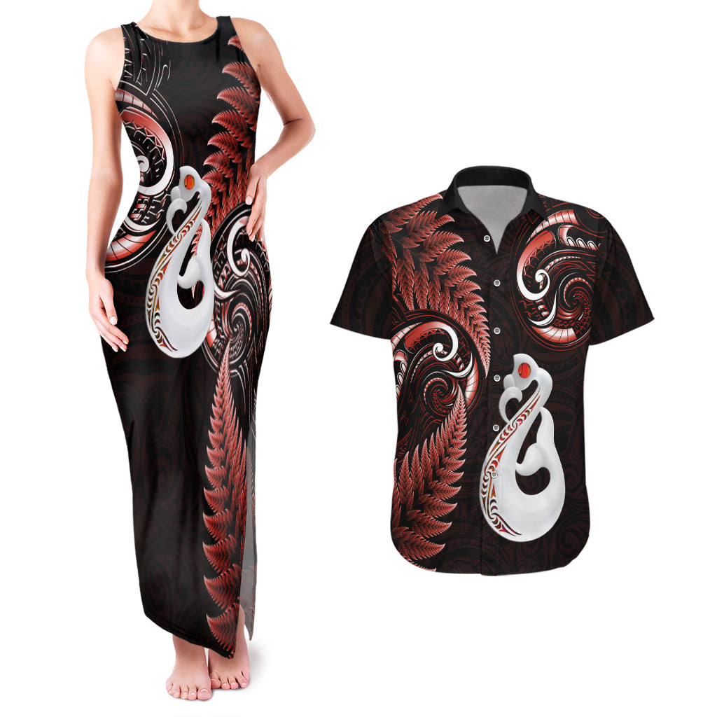 personalised-new-zealand-couples-matching-tank-maxi-dress-and-hawaiian-shirt-aotearoa-silver-fern-with-manaia-maori-unique-red