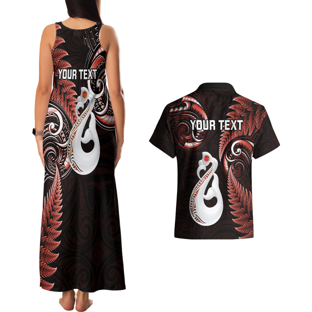 personalised-new-zealand-couples-matching-tank-maxi-dress-and-hawaiian-shirt-aotearoa-silver-fern-with-manaia-maori-unique-red