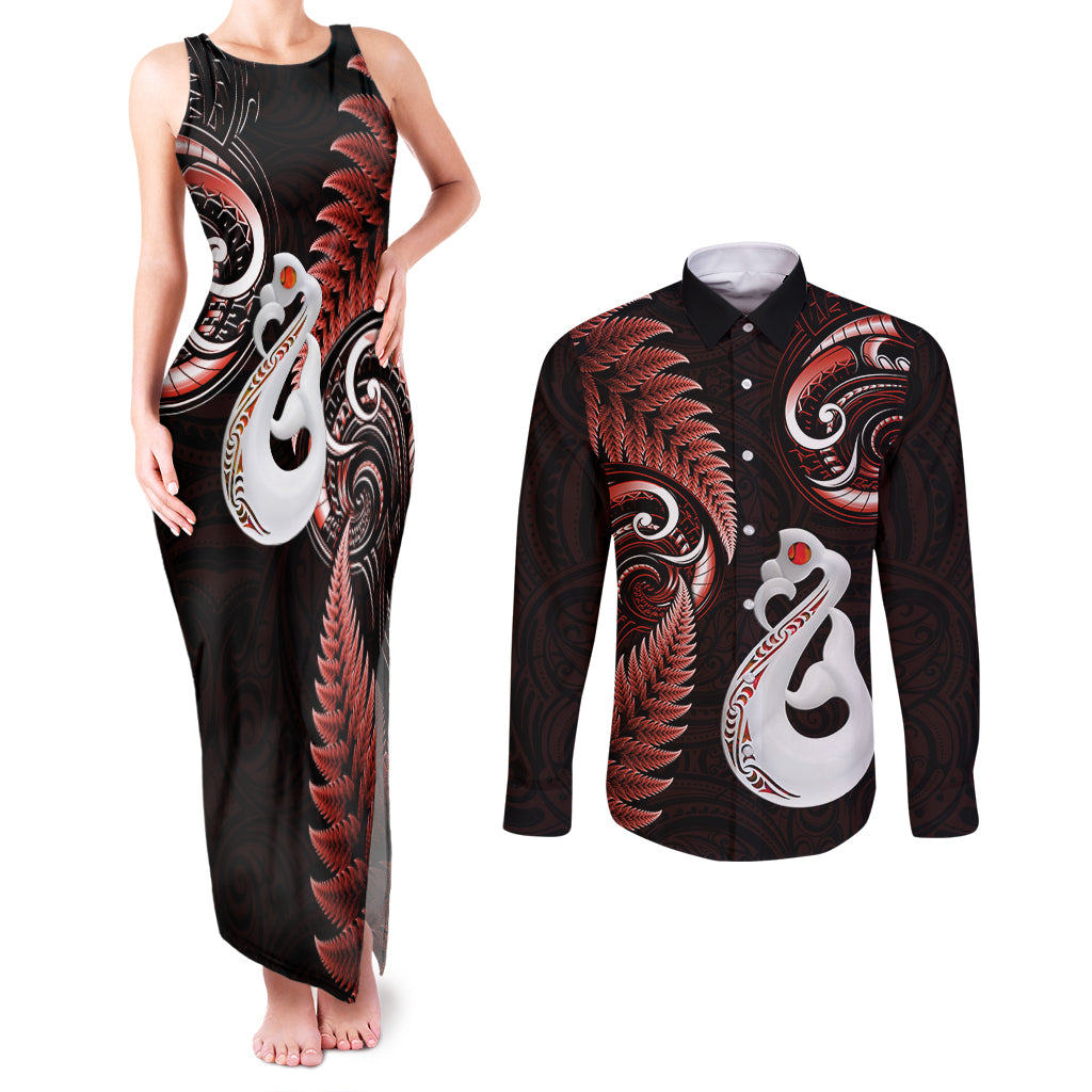 personalised-new-zealand-couples-matching-tank-maxi-dress-and-long-sleeve-button-shirts-aotearoa-silver-fern-with-manaia-maori-unique-red