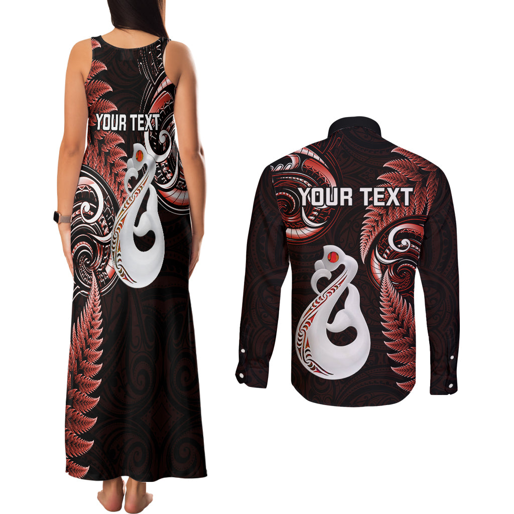 personalised-new-zealand-couples-matching-tank-maxi-dress-and-long-sleeve-button-shirts-aotearoa-silver-fern-with-manaia-maori-unique-red