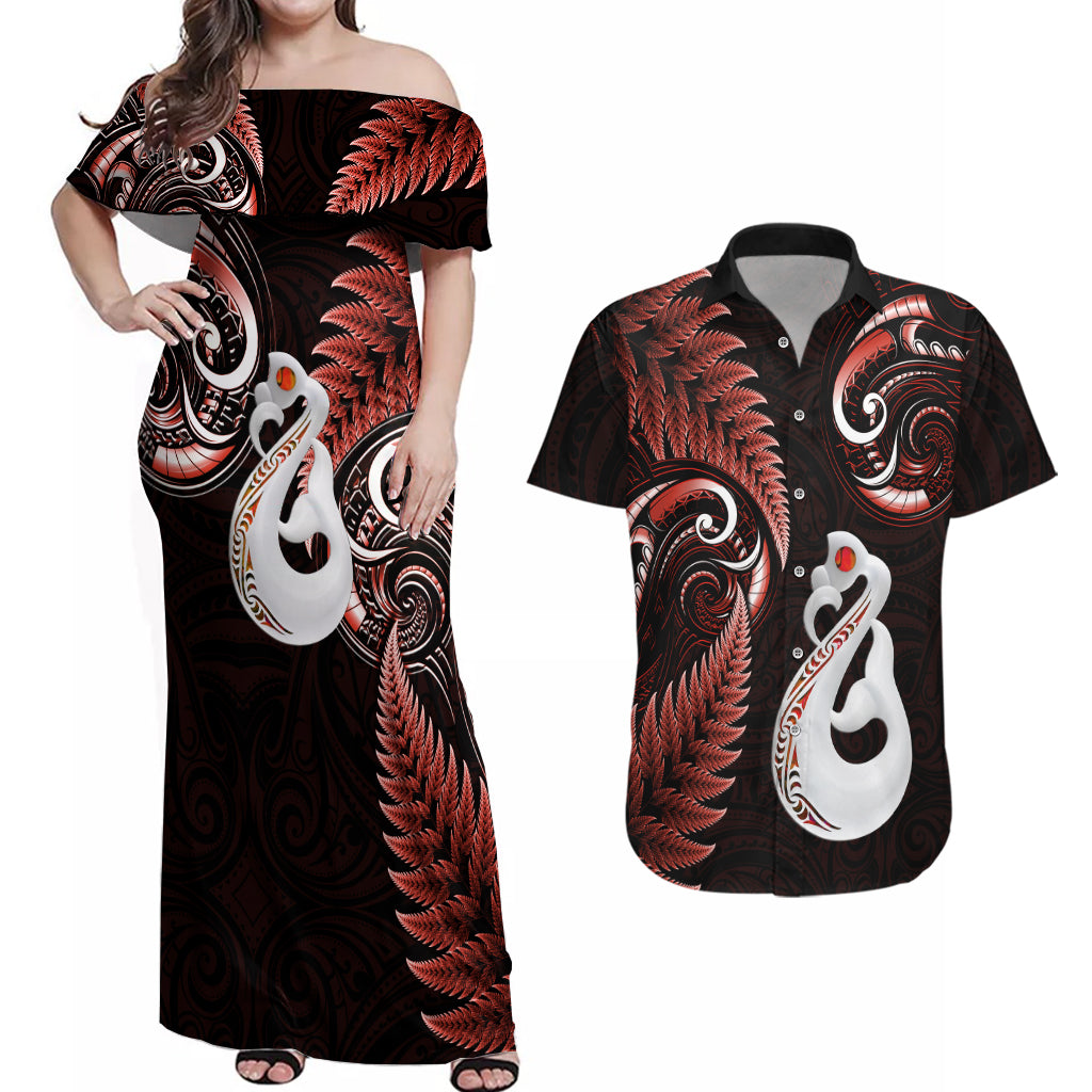 personalised-new-zealand-couples-off-shoulder-maxi-dress-and-hawaiian-shirt-aotearoa-silver-fern-with-manaia-maori-unique-red