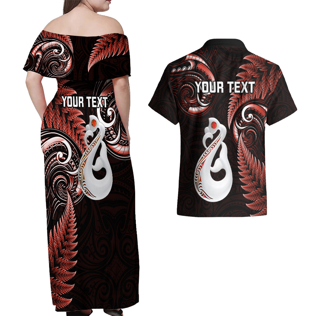 personalised-new-zealand-couples-off-shoulder-maxi-dress-and-hawaiian-shirt-aotearoa-silver-fern-with-manaia-maori-unique-red