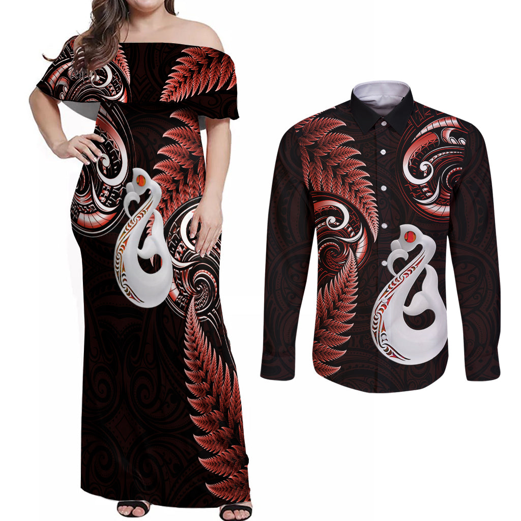 personalised-new-zealand-couples-off-shoulder-maxi-dress-and-long-sleeve-button-shirts-aotearoa-silver-fern-with-manaia-maori-unique-red