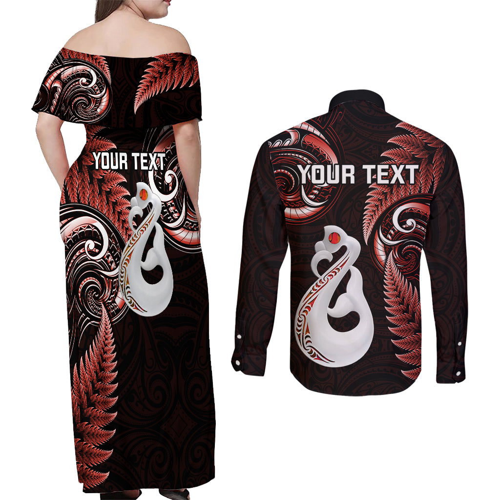 personalised-new-zealand-couples-off-shoulder-maxi-dress-and-long-sleeve-button-shirts-aotearoa-silver-fern-with-manaia-maori-unique-red