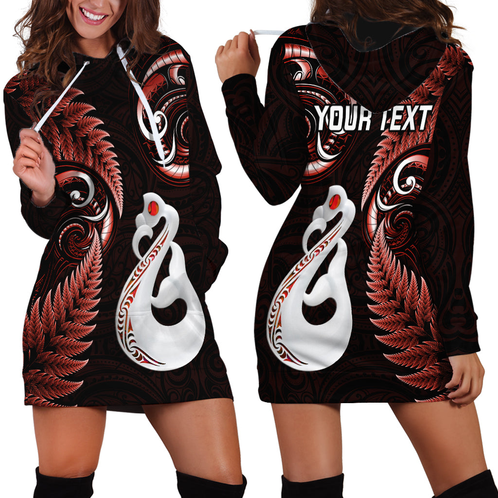 Personalised New Zealand Hoodie Dress Aotearoa Silver Fern With Manaia Maori Unique Red - Vibe Hoodie Shop