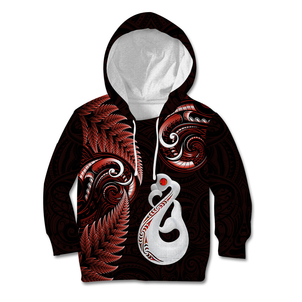 Personalised New Zealand Kid Hoodie Aotearoa Silver Fern With Manaia Maori Unique Red - Vibe Hoodie Shop