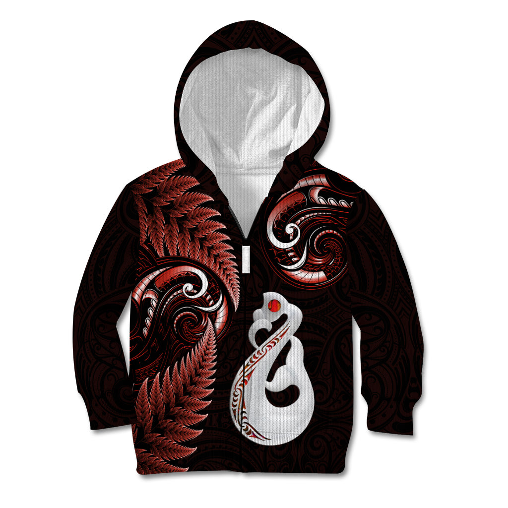 Personalised New Zealand Kid Hoodie Aotearoa Silver Fern With Manaia Maori Unique Red - Vibe Hoodie Shop