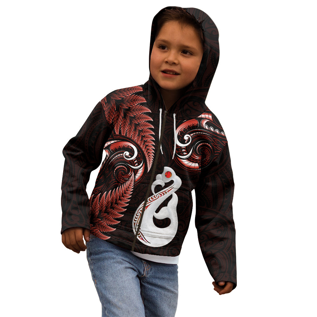 Personalised New Zealand Kid Hoodie Aotearoa Silver Fern With Manaia Maori Unique Red - Vibe Hoodie Shop