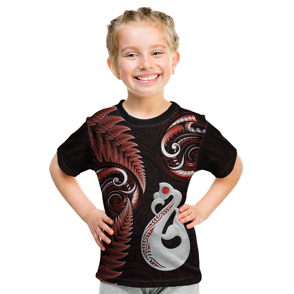 Personalised New Zealand Kid T Shirt Aotearoa Silver Fern With Manaia Maori Unique Red - Vibe Hoodie Shop