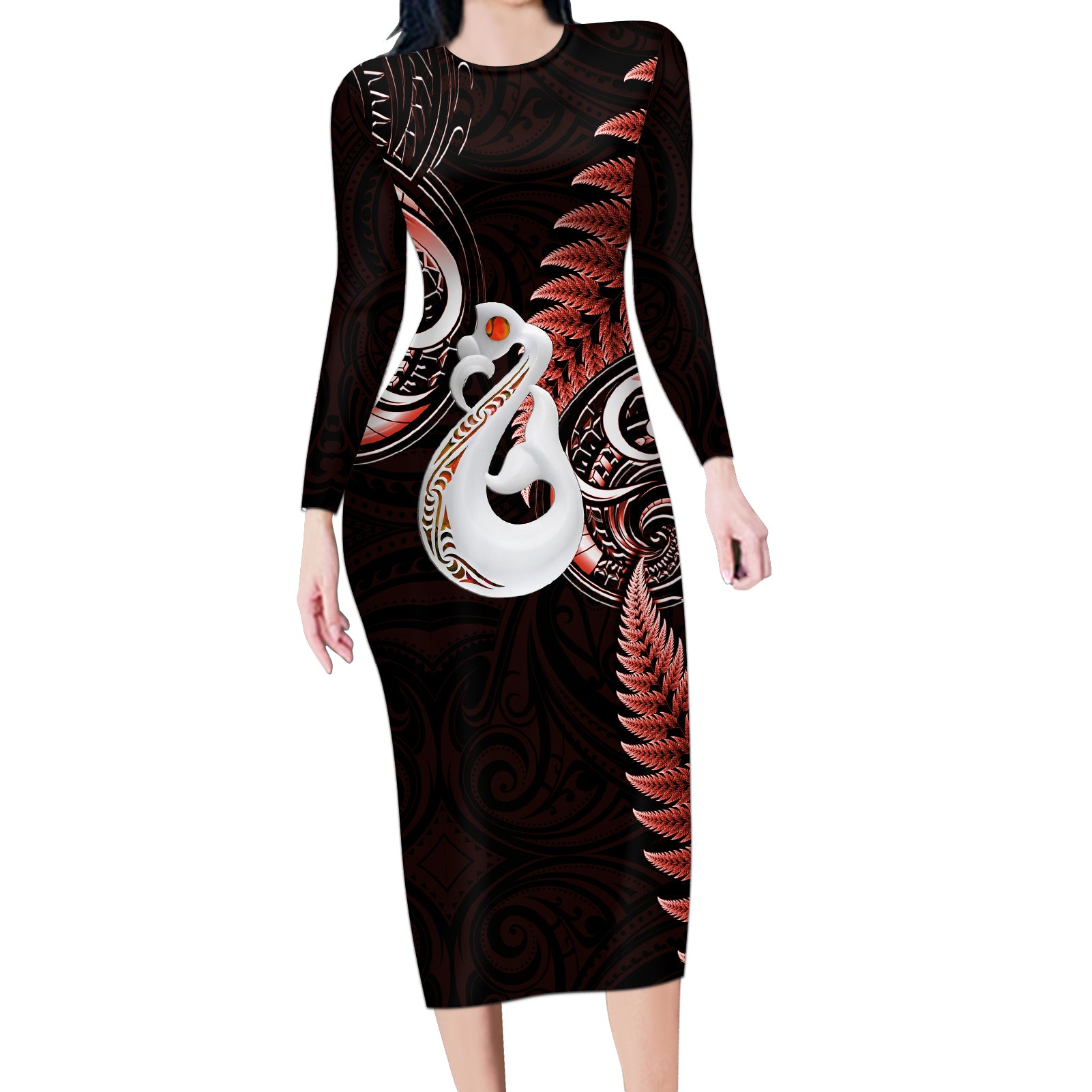 personalised-new-zealand-long-sleeve-bodycon-dress-aotearoa-silver-fern-with-manaia-maori-unique-red