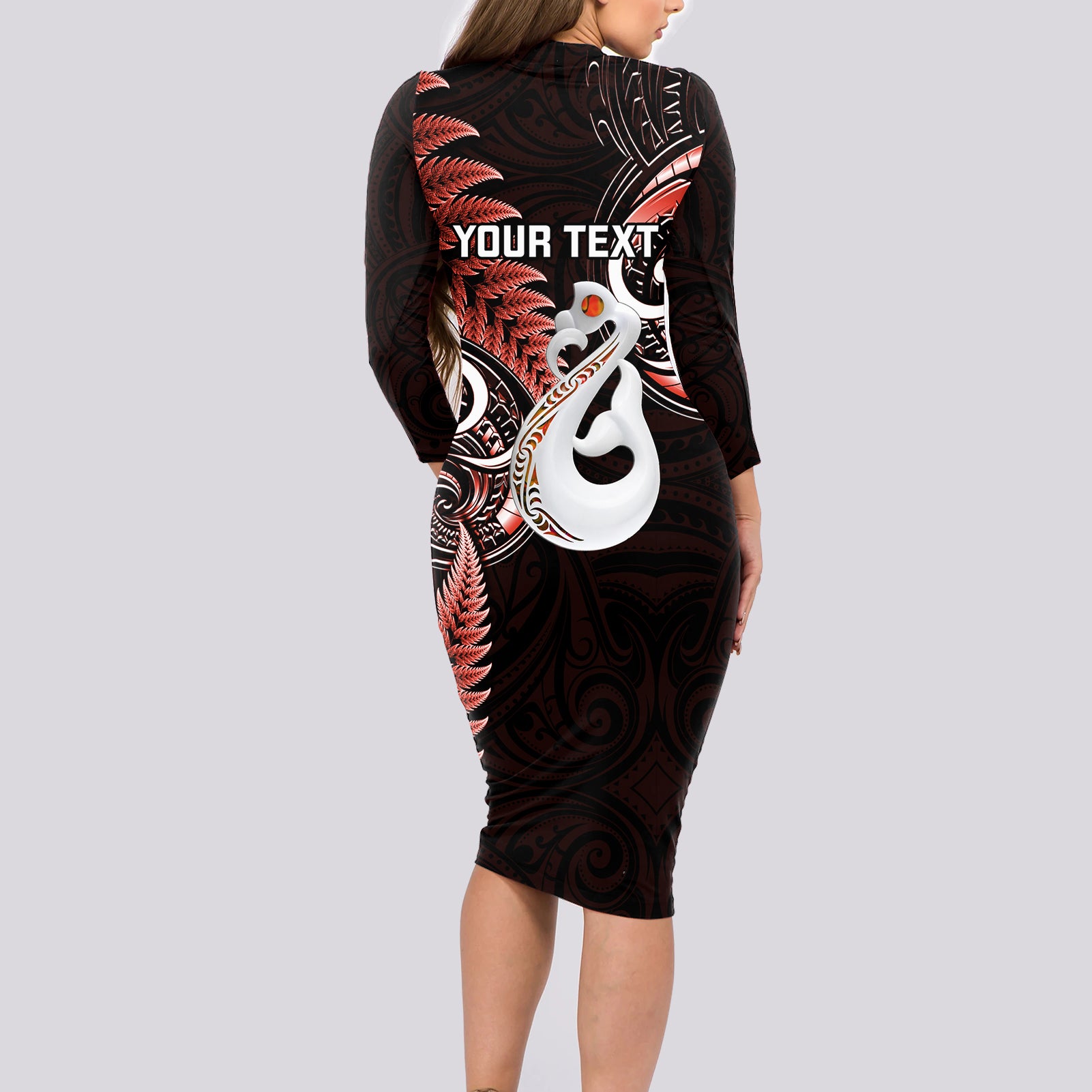 personalised-new-zealand-long-sleeve-bodycon-dress-aotearoa-silver-fern-with-manaia-maori-unique-red