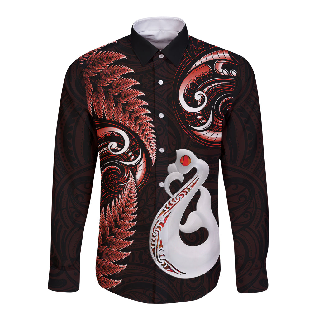 Personalised New Zealand Long Sleeve Button Shirt Aotearoa Silver Fern With Manaia Maori Unique Red - Vibe Hoodie Shop