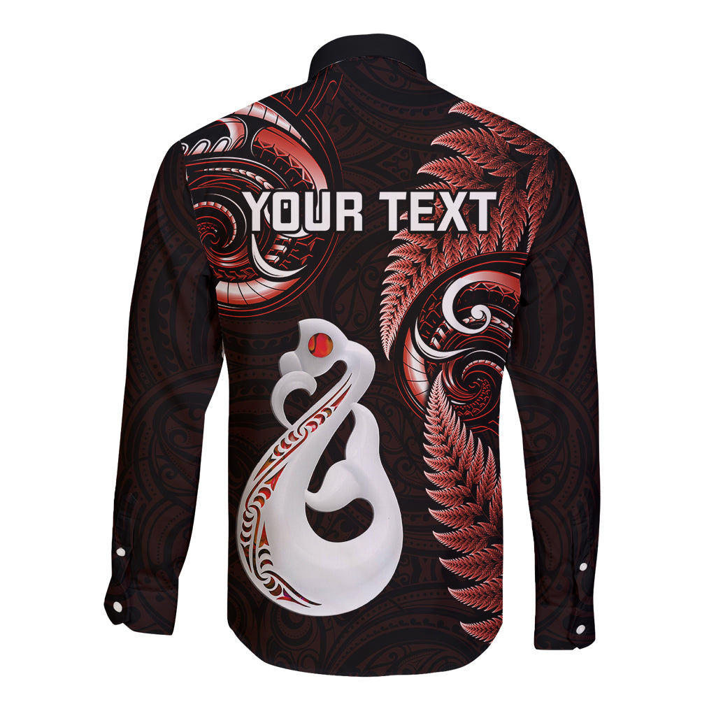 Personalised New Zealand Long Sleeve Button Shirt Aotearoa Silver Fern With Manaia Maori Unique Red - Vibe Hoodie Shop