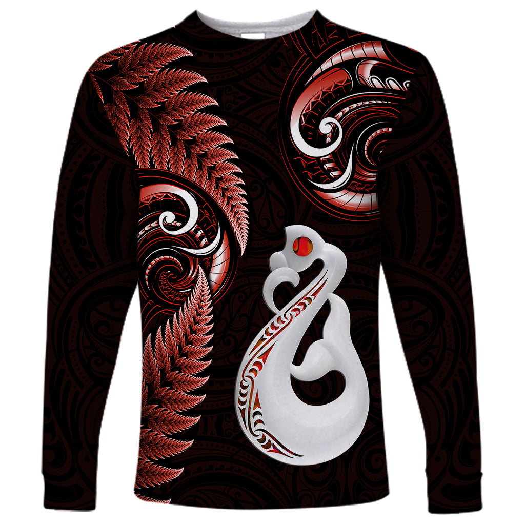 Personalised New Zealand Long Sleeve Shirt Aotearoa Silver Fern With Manaia Maori Unique Red - Vibe Hoodie Shop