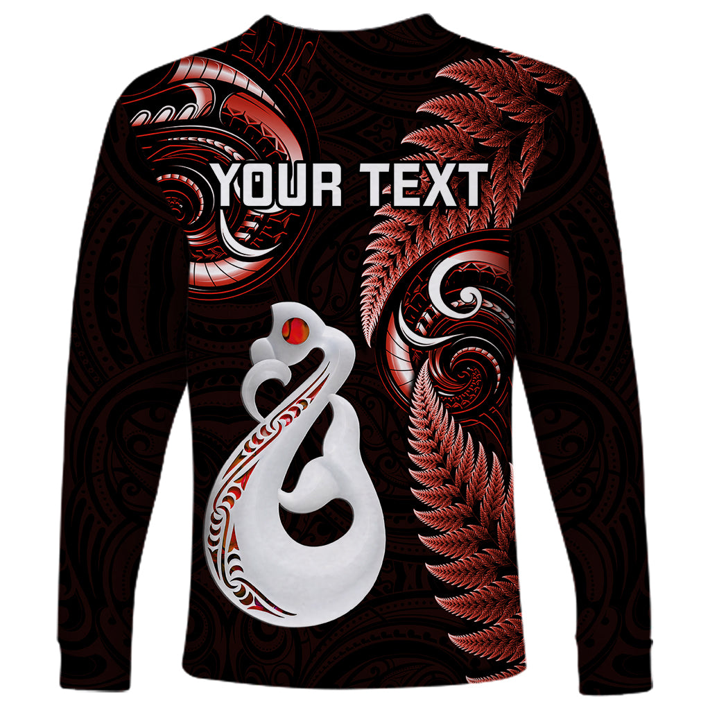 Personalised New Zealand Long Sleeve Shirt Aotearoa Silver Fern With Manaia Maori Unique Red - Vibe Hoodie Shop