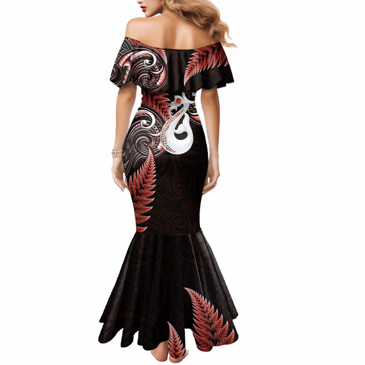 personalised-new-zealand-mermaid-dress-aotearoa-silver-fern-with-manaia-maori-unique-red