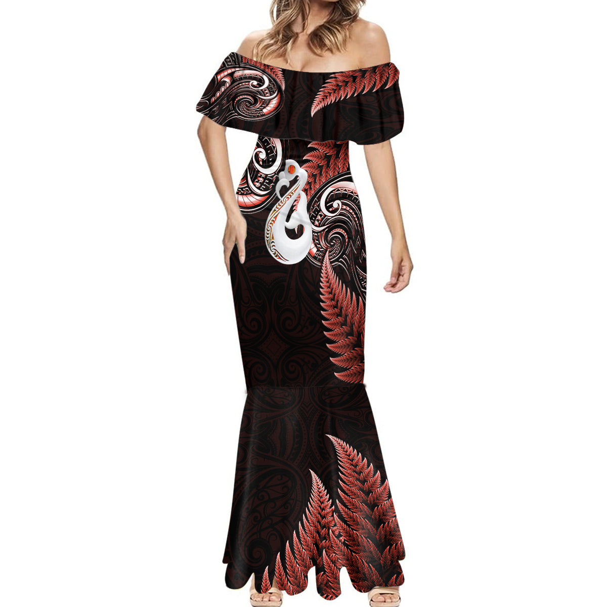 personalised-new-zealand-mermaid-dress-aotearoa-silver-fern-with-manaia-maori-unique-red