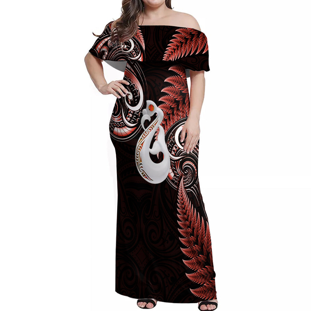 Personalised New Zealand Off Shoulder Maxi Dress Aotearoa Silver Fern With Manaia Maori Unique Red - Vibe Hoodie Shop