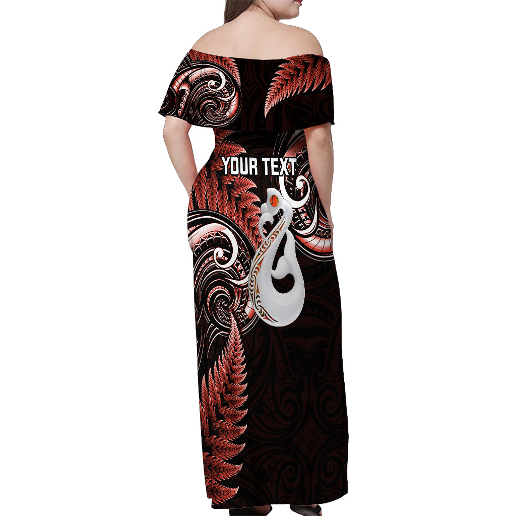 Personalised New Zealand Off Shoulder Maxi Dress Aotearoa Silver Fern With Manaia Maori Unique Red - Vibe Hoodie Shop