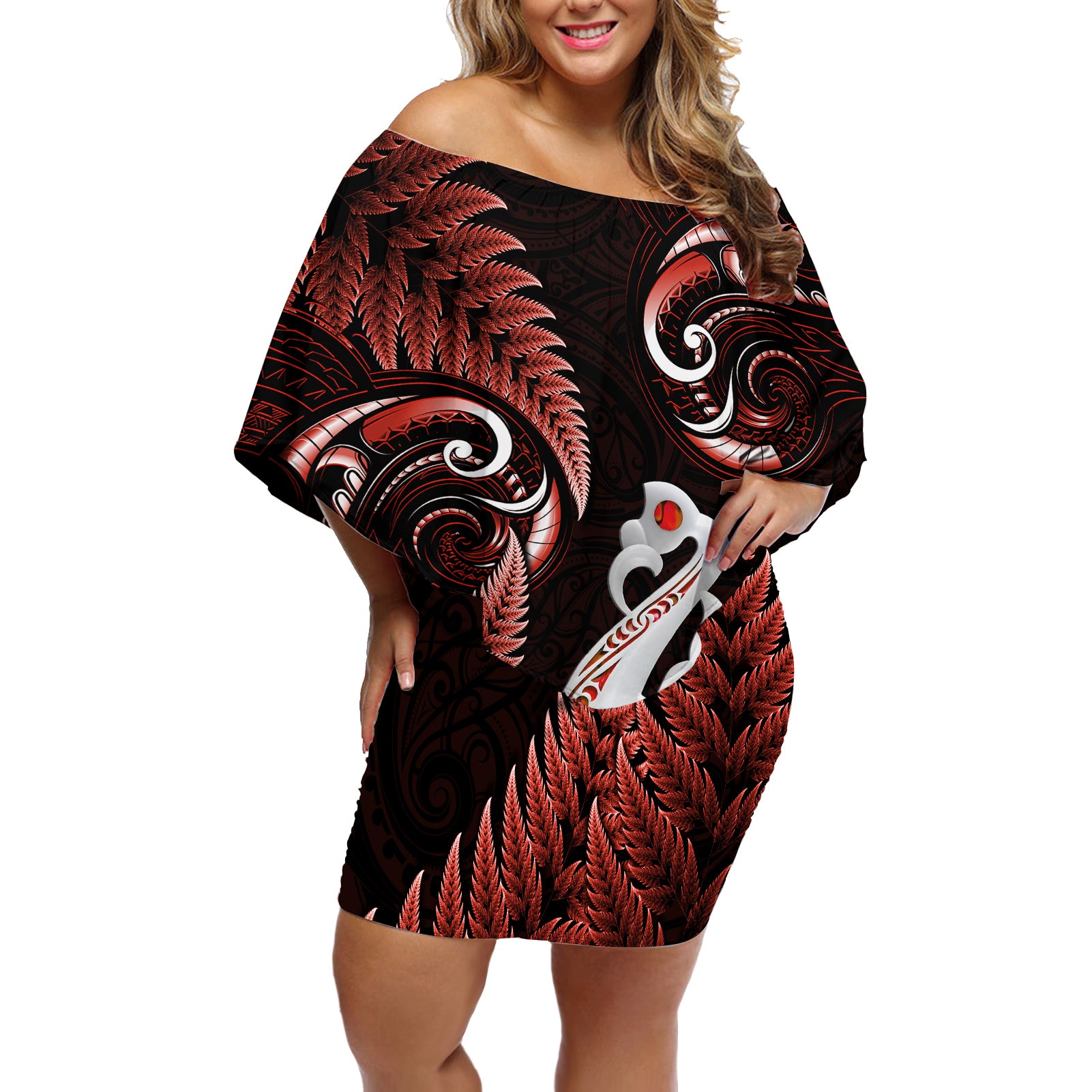 Personalised New Zealand Off Shoulder Short Dress Aotearoa Silver Fern With Manaia Maori Unique Red LT14