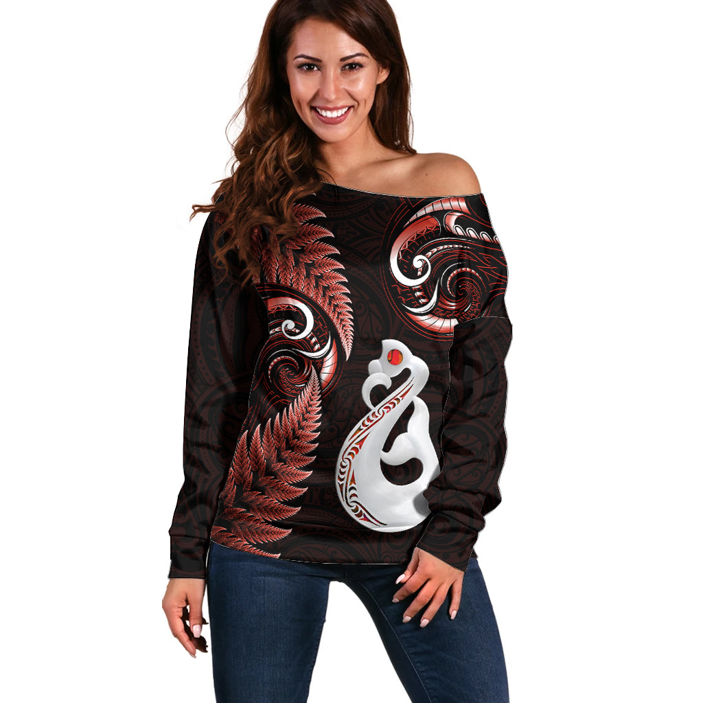 Personalised New Zealand Off Shoulder Sweater Aotearoa Silver Fern With Manaia Maori Unique Red - Vibe Hoodie Shop