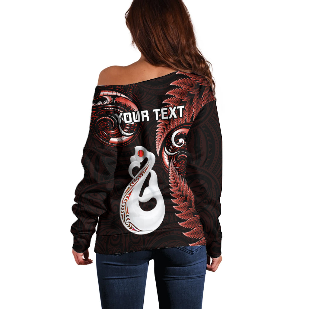 Personalised New Zealand Off Shoulder Sweater Aotearoa Silver Fern With Manaia Maori Unique Red - Vibe Hoodie Shop