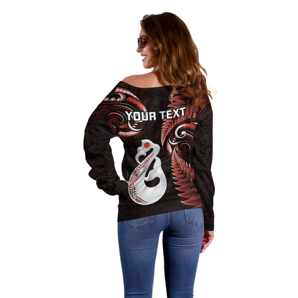 Personalised New Zealand Off Shoulder Sweater Aotearoa Silver Fern With Manaia Maori Unique Red - Vibe Hoodie Shop