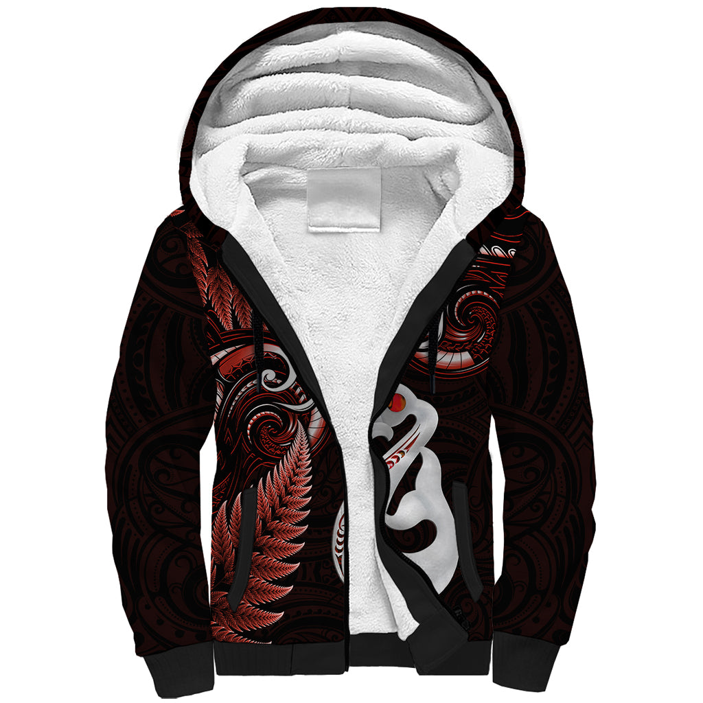 Personalised New Zealand Sherpa Hoodie Aotearoa Silver Fern With Manaia Maori Unique Red - Vibe Hoodie Shop