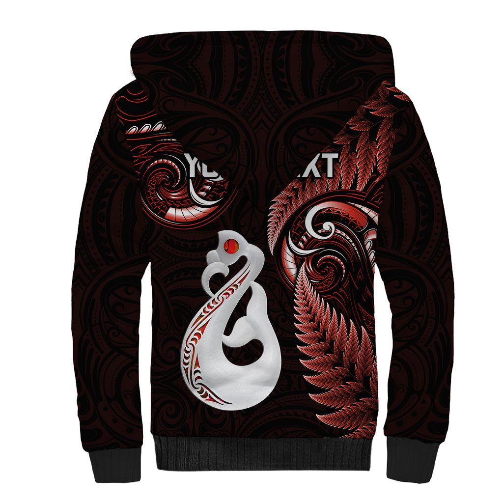 Personalised New Zealand Sherpa Hoodie Aotearoa Silver Fern With Manaia Maori Unique Red - Vibe Hoodie Shop