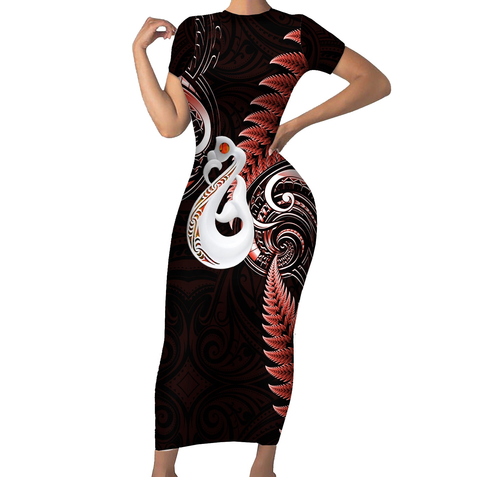 personalised-new-zealand-short-sleeve-bodycon-dress-aotearoa-silver-fern-with-manaia-maori-unique-red