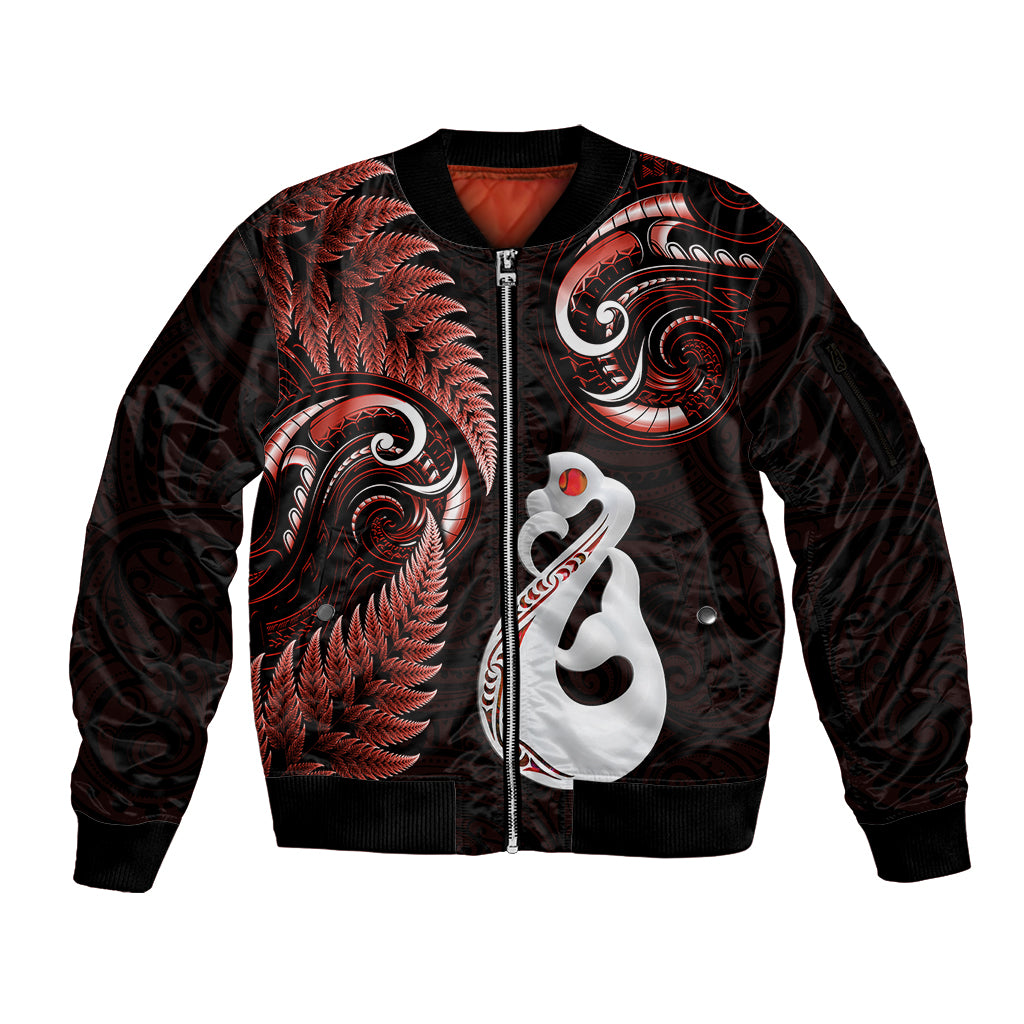 personalised-new-zealand-sleeve-zip-bomber-jacket-aotearoa-silver-fern-with-manaia-maori-unique-red