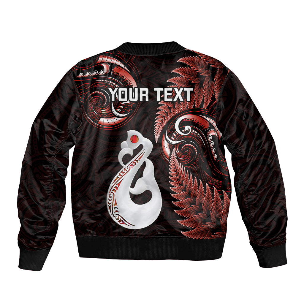 personalised-new-zealand-sleeve-zip-bomber-jacket-aotearoa-silver-fern-with-manaia-maori-unique-red