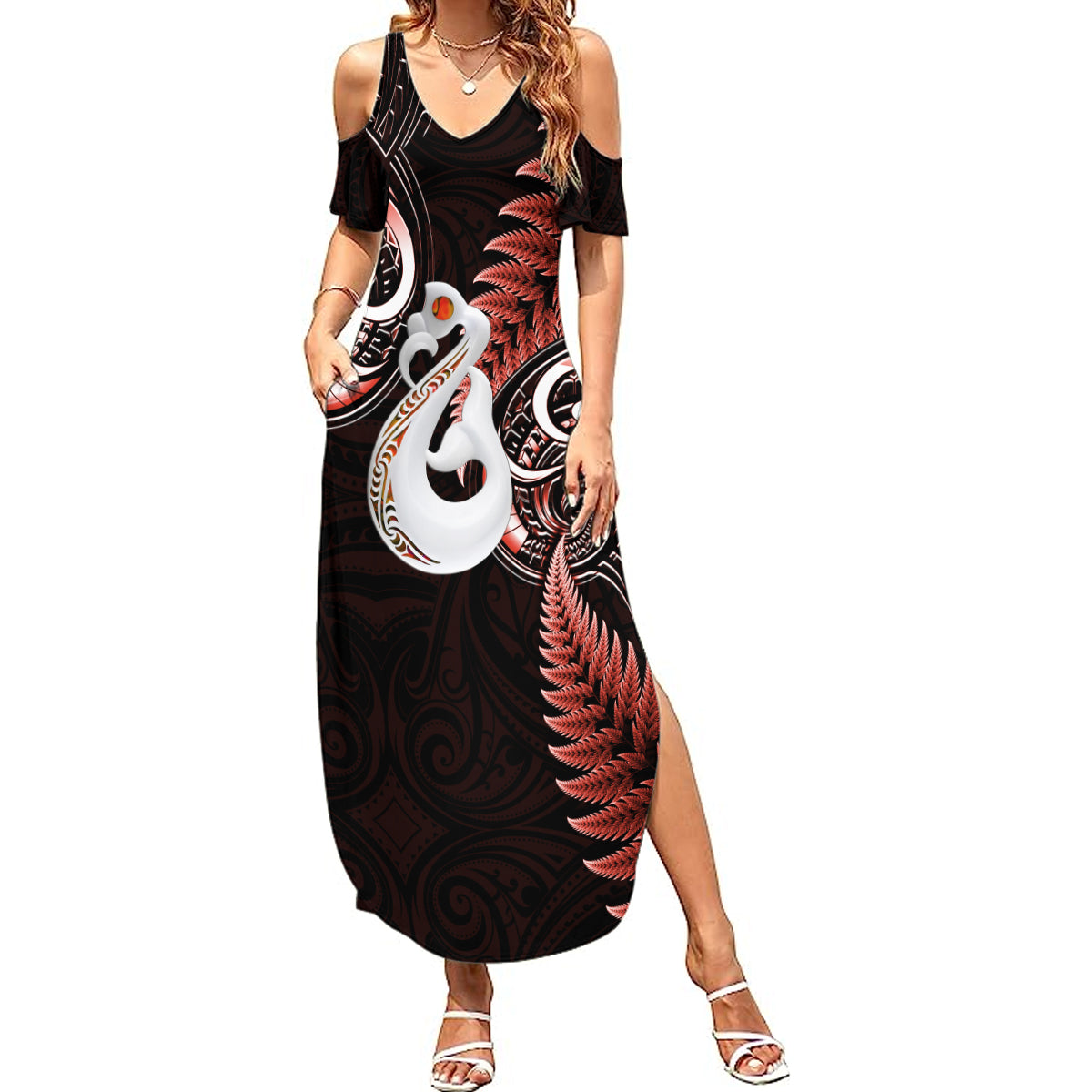 personalised-new-zealand-summer-maxi-dress-aotearoa-silver-fern-with-manaia-maori-unique-red