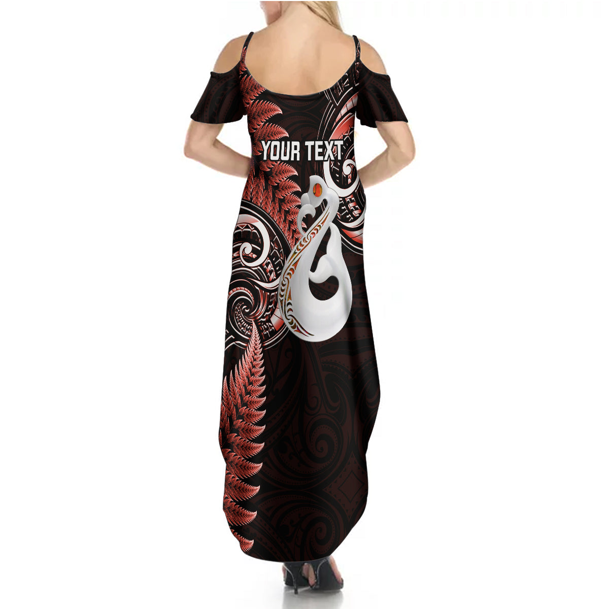 personalised-new-zealand-summer-maxi-dress-aotearoa-silver-fern-with-manaia-maori-unique-red