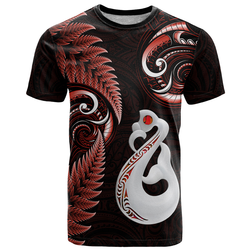 Personalised New Zealand T Shirt Aotearoa Silver Fern With Manaia Maori Unique Red - Vibe Hoodie Shop