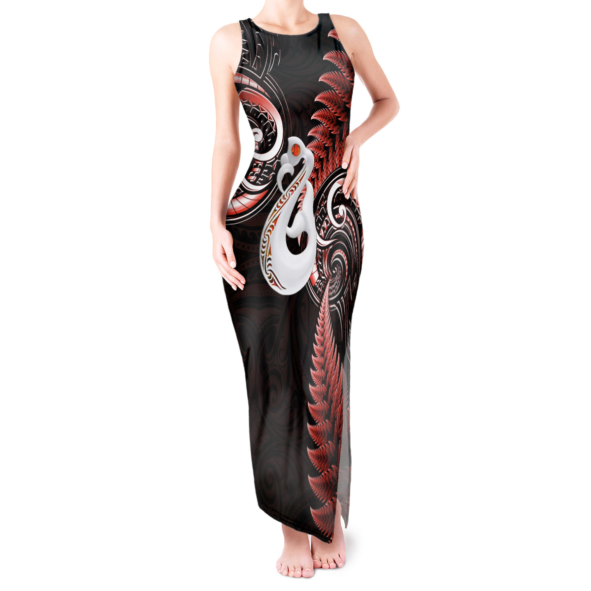 personalised-new-zealand-tank-maxi-dress-aotearoa-silver-fern-with-manaia-maori-unique-red