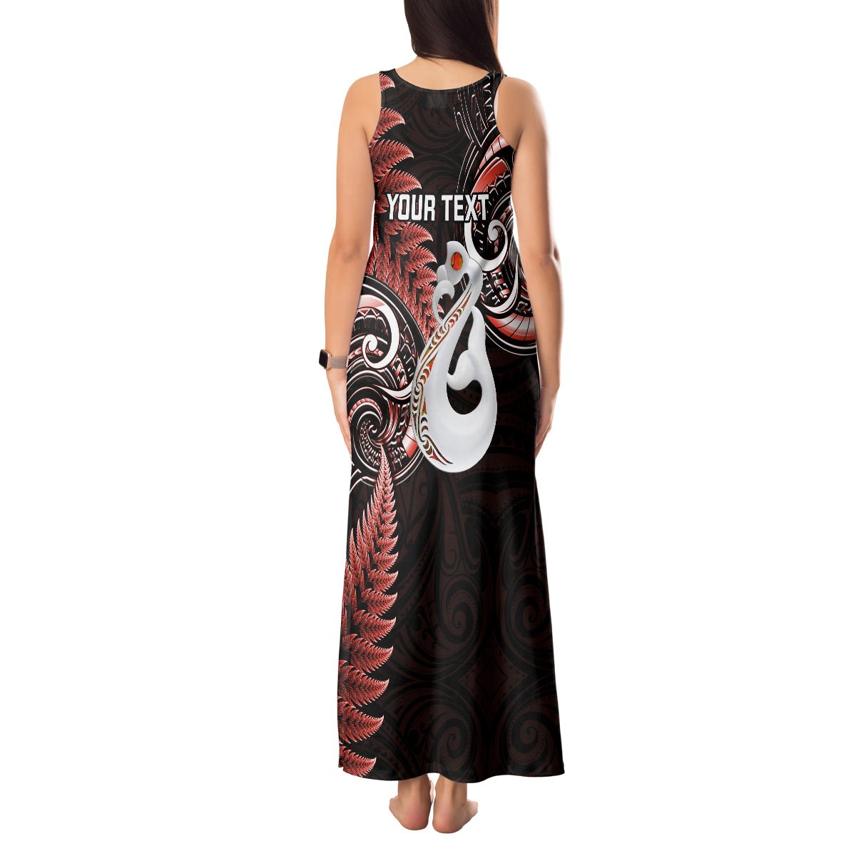 personalised-new-zealand-tank-maxi-dress-aotearoa-silver-fern-with-manaia-maori-unique-red