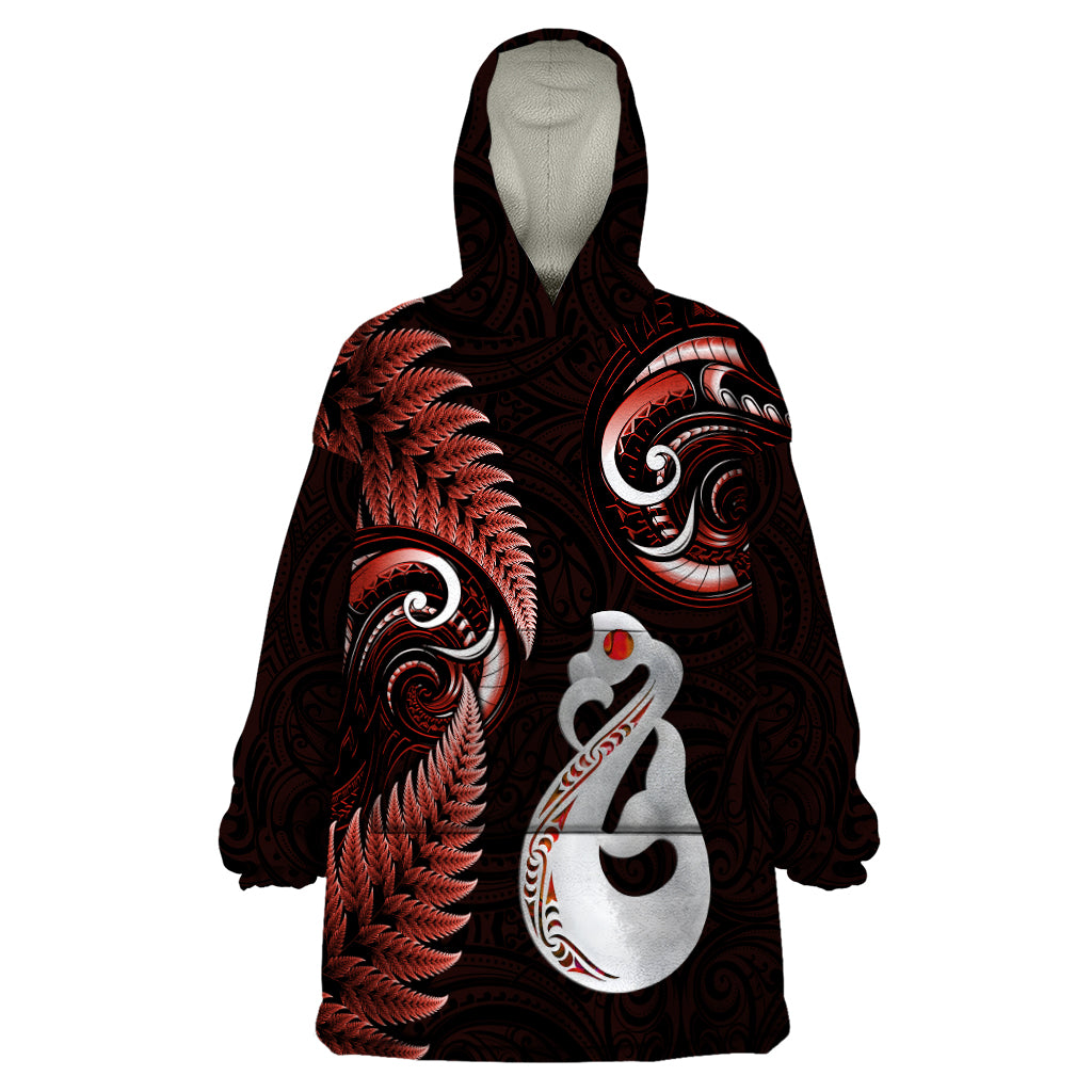 Personalised New Zealand Wearable Blanket Hoodie Aotearoa Silver Fern With Manaia Maori Unique Red - Vibe Hoodie Shop