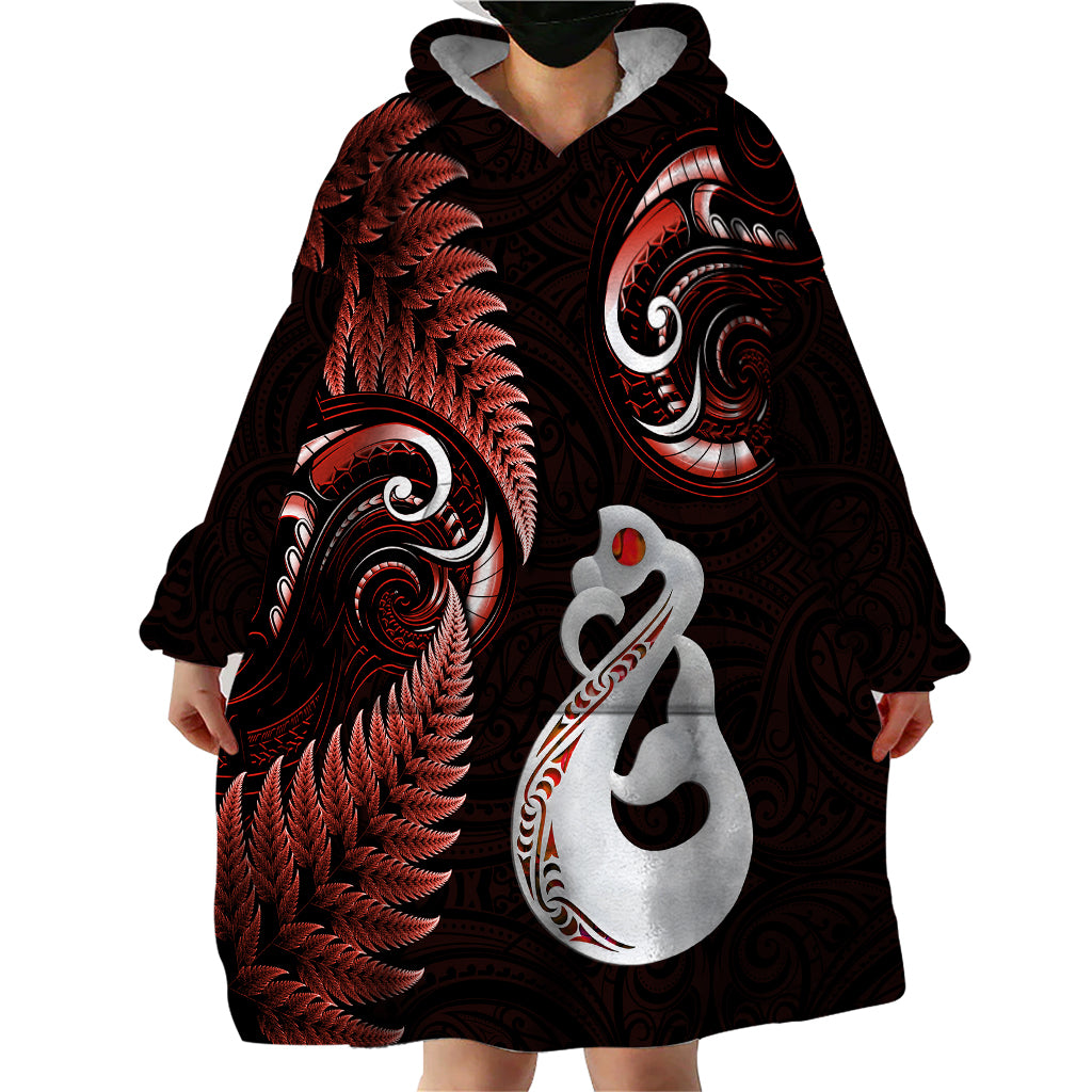 Personalised New Zealand Wearable Blanket Hoodie Aotearoa Silver Fern With Manaia Maori Unique Red - Vibe Hoodie Shop