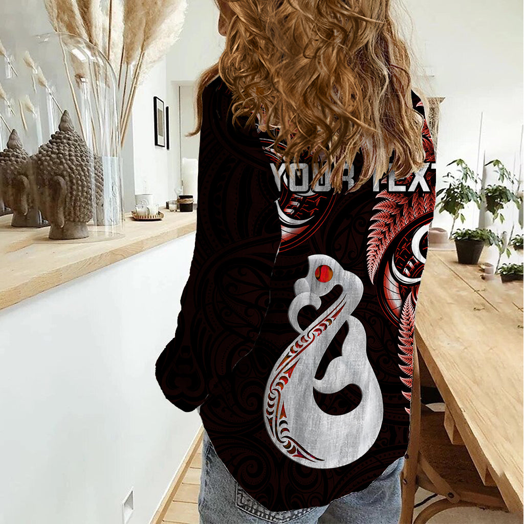 Personalised New Zealand Women Casual Shirt Aotearoa Silver Fern With Manaia Maori Unique Red - Vibe Hoodie Shop