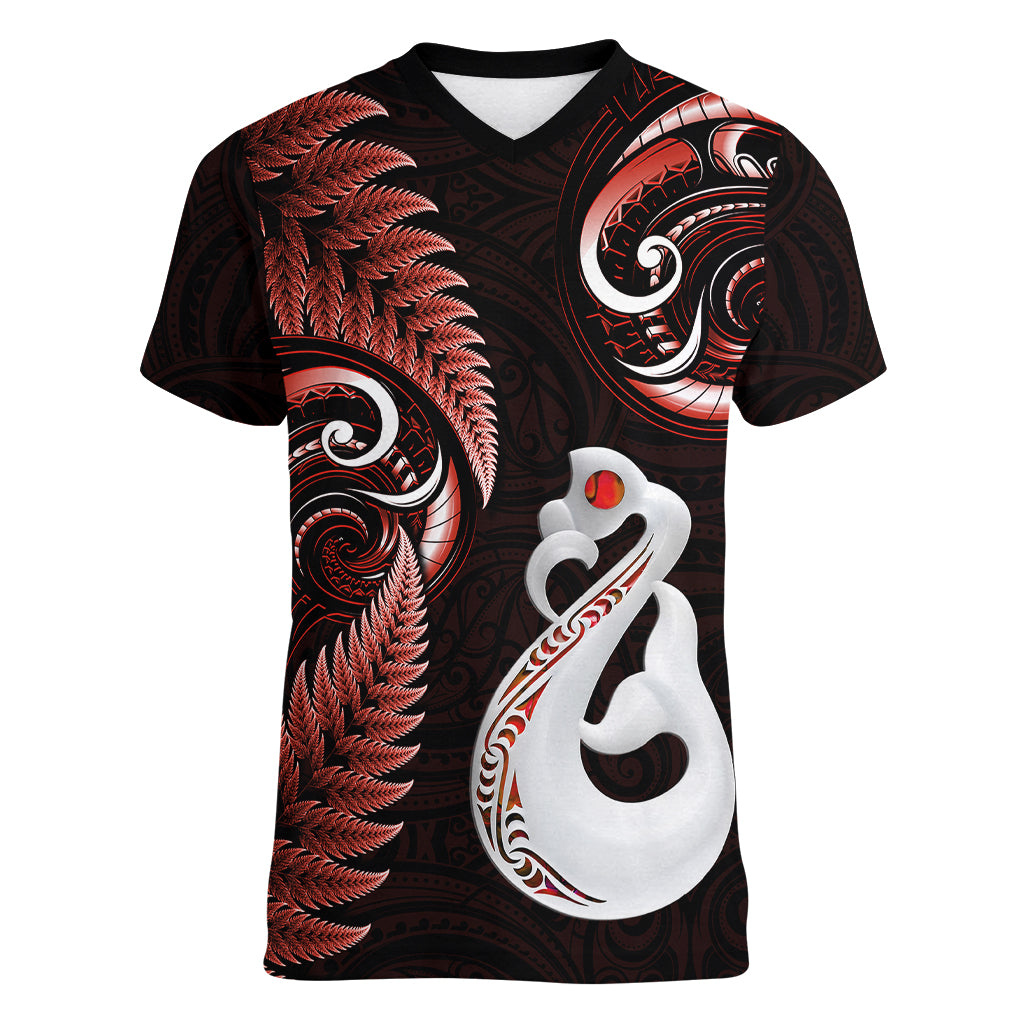 Personalised New Zealand Women V Neck T Shirt Aotearoa Silver Fern With Manaia Maori Unique Red - Vibe Hoodie Shop