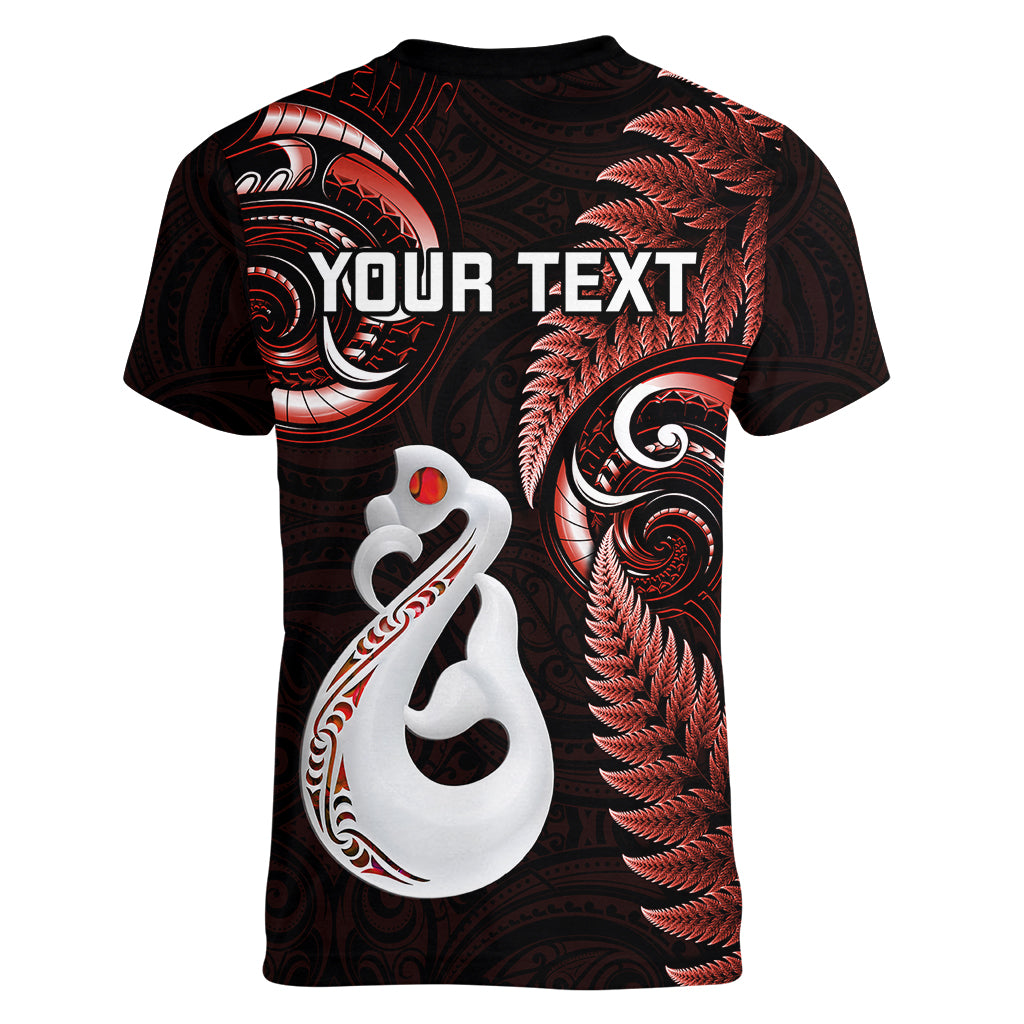 Personalised New Zealand Women V Neck T Shirt Aotearoa Silver Fern With Manaia Maori Unique Red - Vibe Hoodie Shop