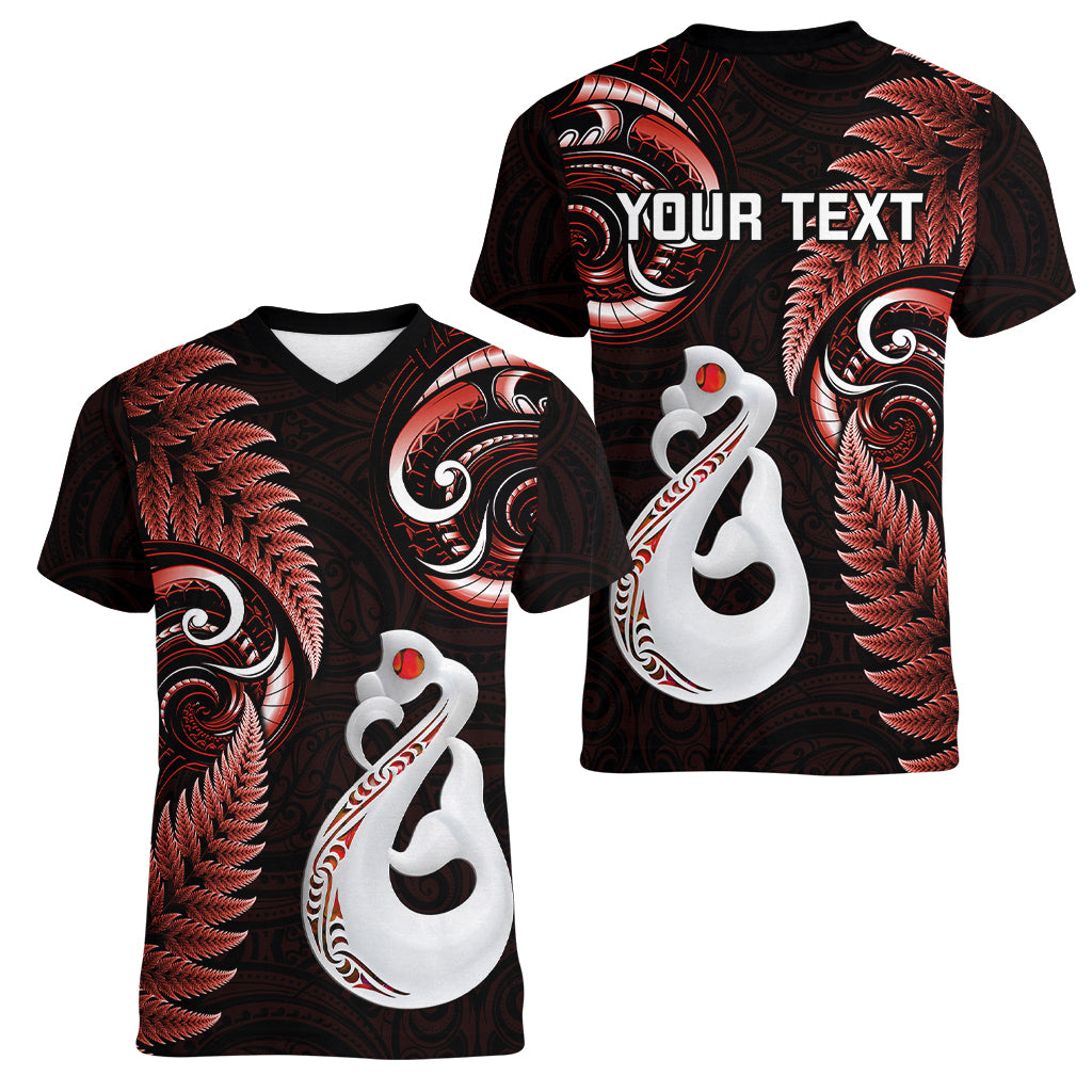 Personalised New Zealand Women V Neck T Shirt Aotearoa Silver Fern With Manaia Maori Unique Red - Vibe Hoodie Shop