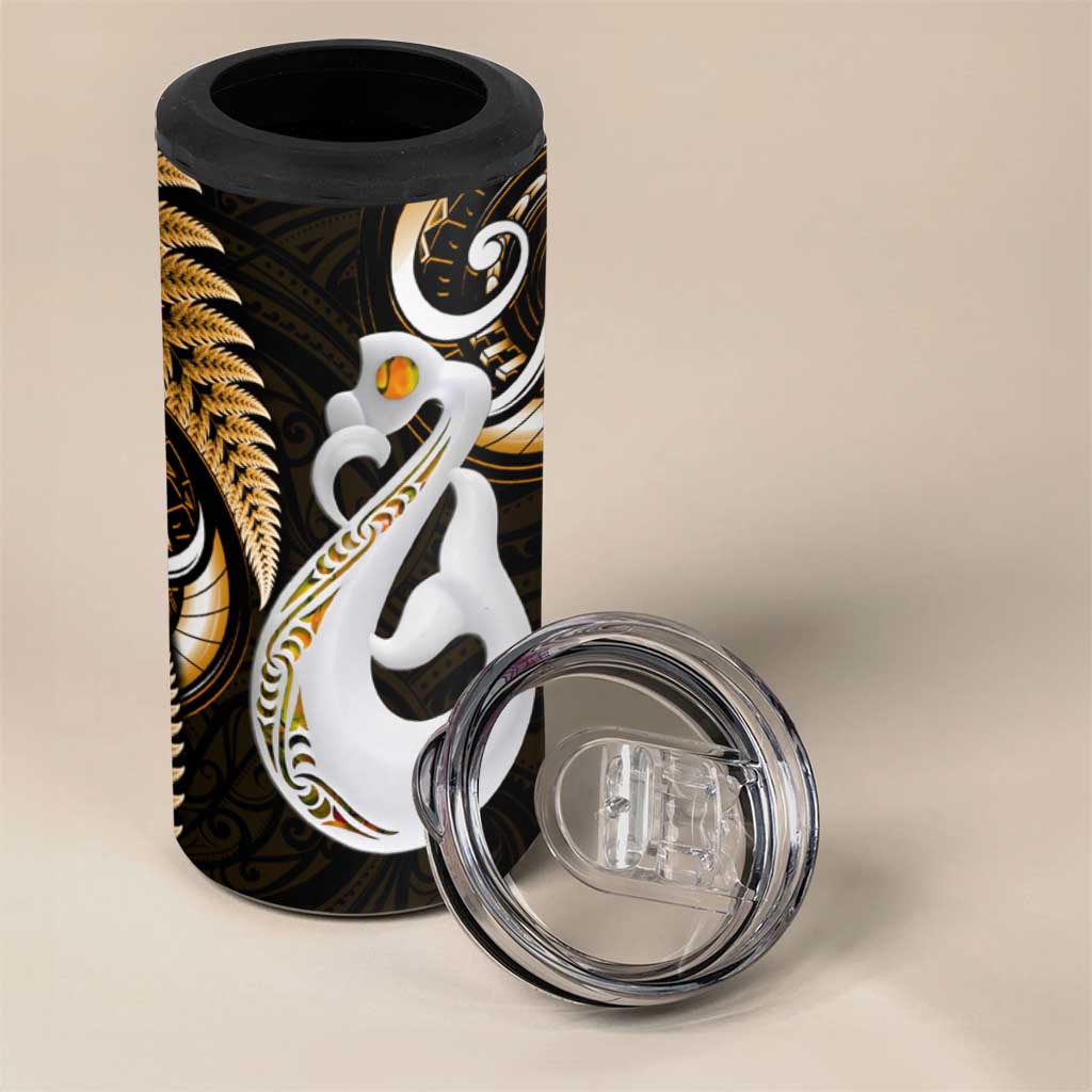 New Zealand 4 in 1 Can Cooler Tumbler Aotearoa Silver Fern With Manaia Maori Unique Gold